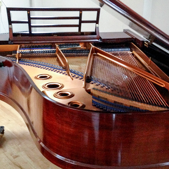 Bluthner grand piano with lid open, showing polished case, frame, strings, lid and desk