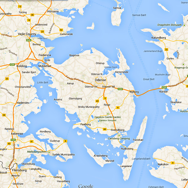 Map fo Denmark, detail, Odense