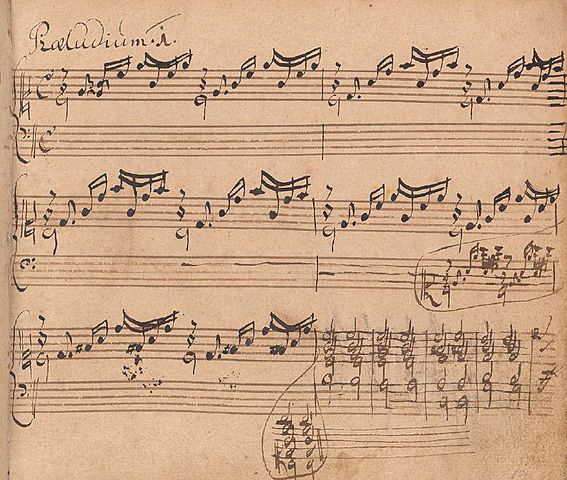 Sepia-coloured manuscript, three staves with notation in Bach's handwriting